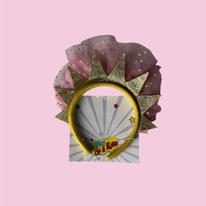 Gold Glitter Sun Crown Headband with Pink Tulle